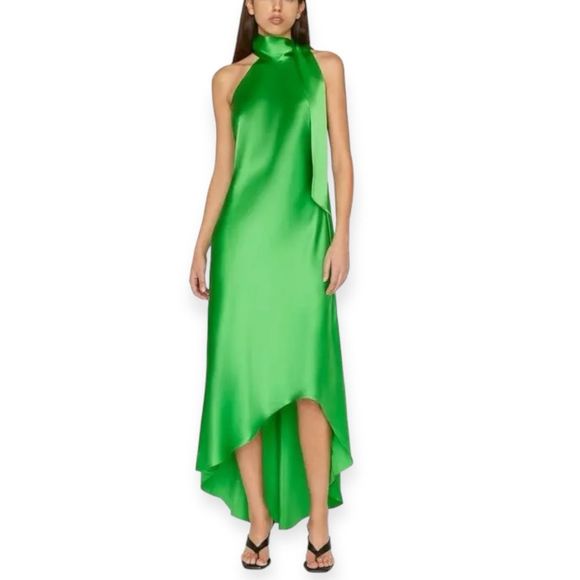 Frame Denim Dresses & Skirts - FRAME Draped Neck Tie Halter Dress in Bright Peridot Silk Size Large NEW
